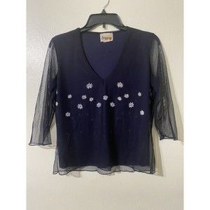 VTG 90's 2000's Top Womens Large Black Floral Sheer Sleeves Baby Girl Fairycore